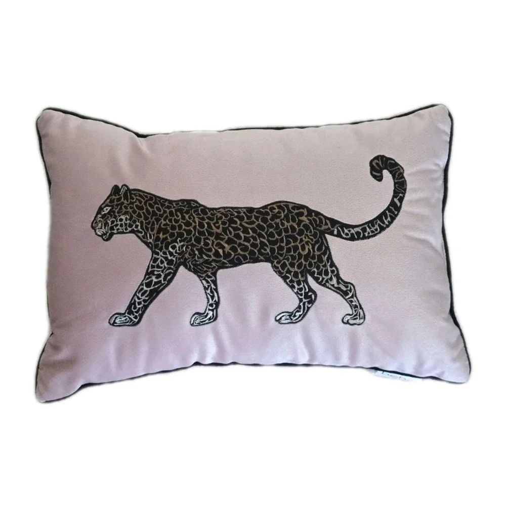 Bebe Blush Pink Velvet Leopard Lumbar Pillow Embroidered Cheetah Boho Chic